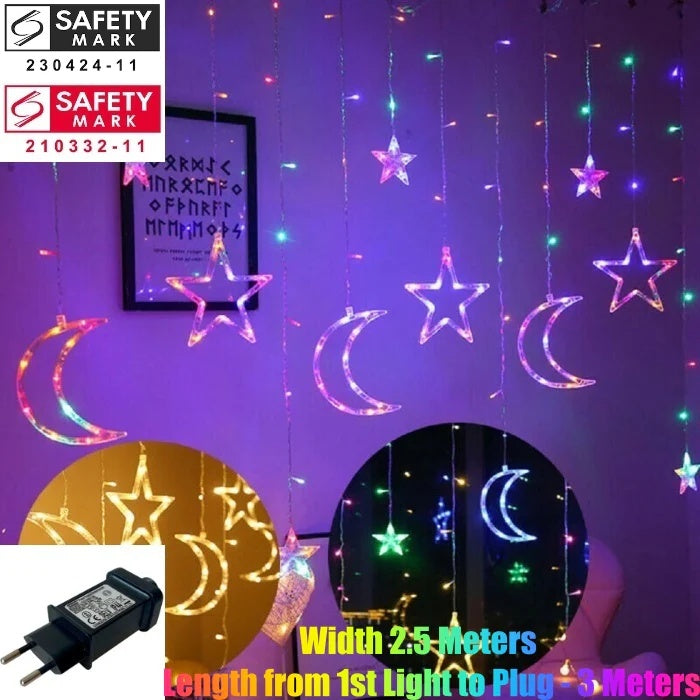 SG Safety Mark - 31V Stars Moon icicle Led Fairy Curtain Lights , Multi