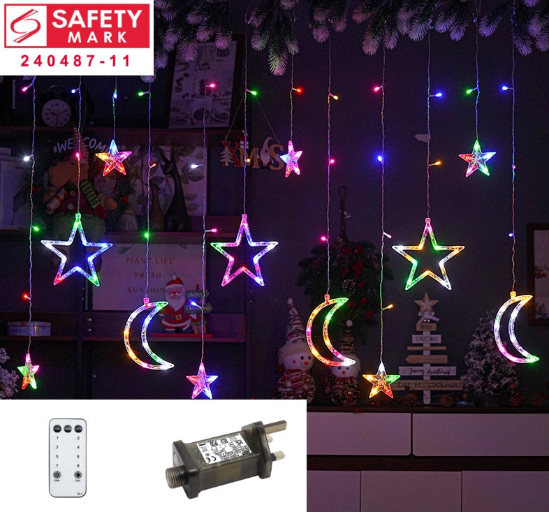 SG Safety Mark - 31V Stars Moon icicle Led Fairy Curtain Lights , Multi with Remote