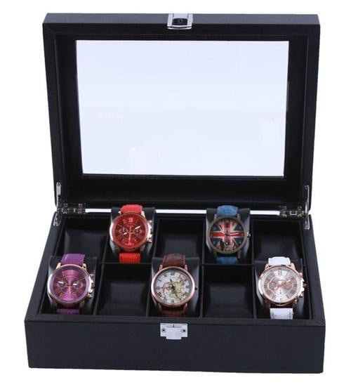 Custom Made 10 Slot Full Black + Inner Black PVC Cushion Watch Jewelry Storage Box Case.