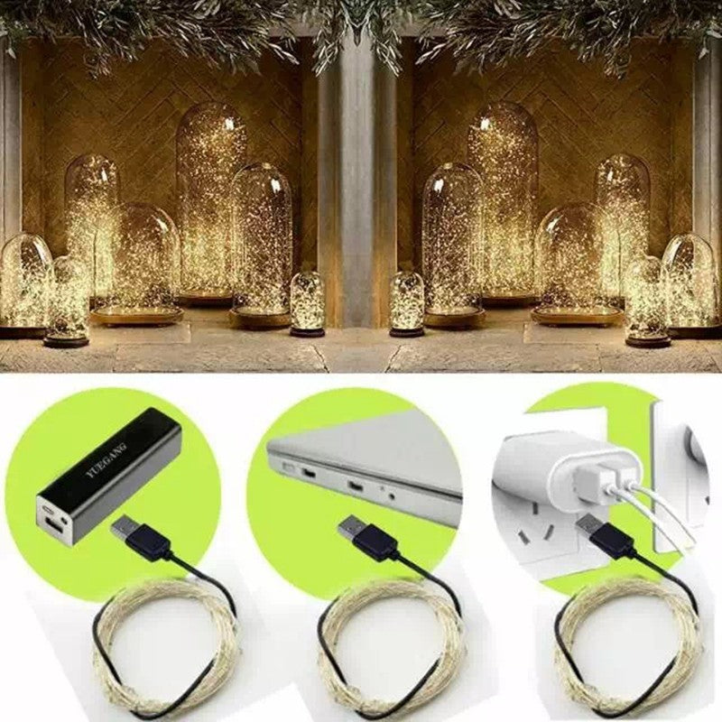 Static Mode - 20 Meters 200 Led USB Silver Wire String Light, Green