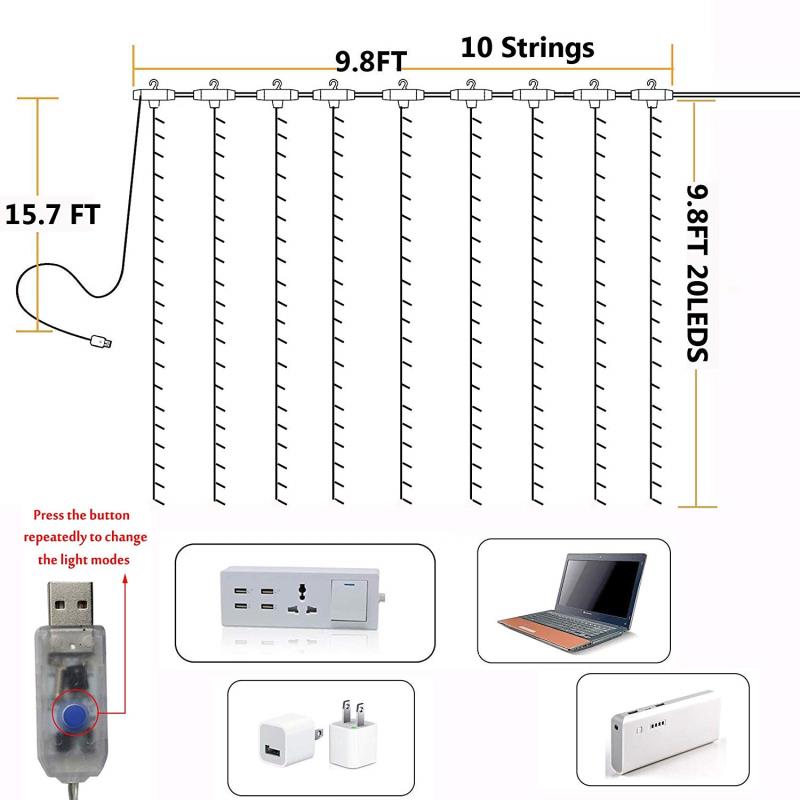 USB Operated - 3 Meter x 3 Meter 300 Led Fairy Curtain Lights , Multi