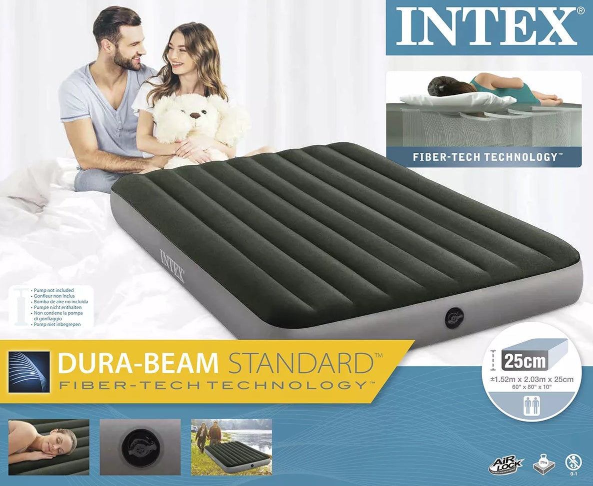 INTEX Fiber Tech Dura Beam Super Queen Size Army Green Inflatable Air Bed with Electric Pump