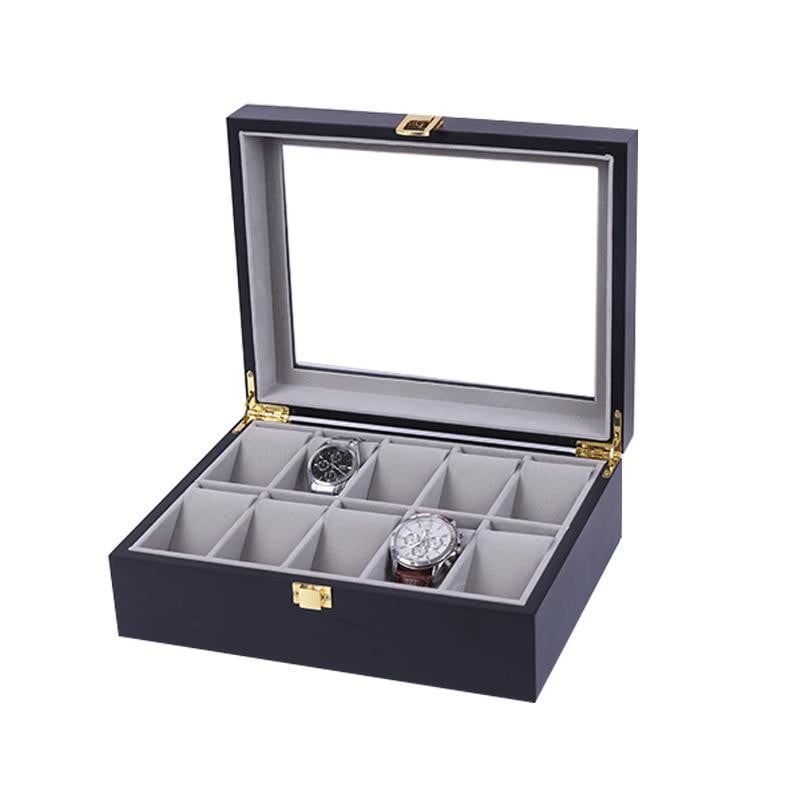 10 Slots Black Matte Wood with Inner Gray Watch Storage Box