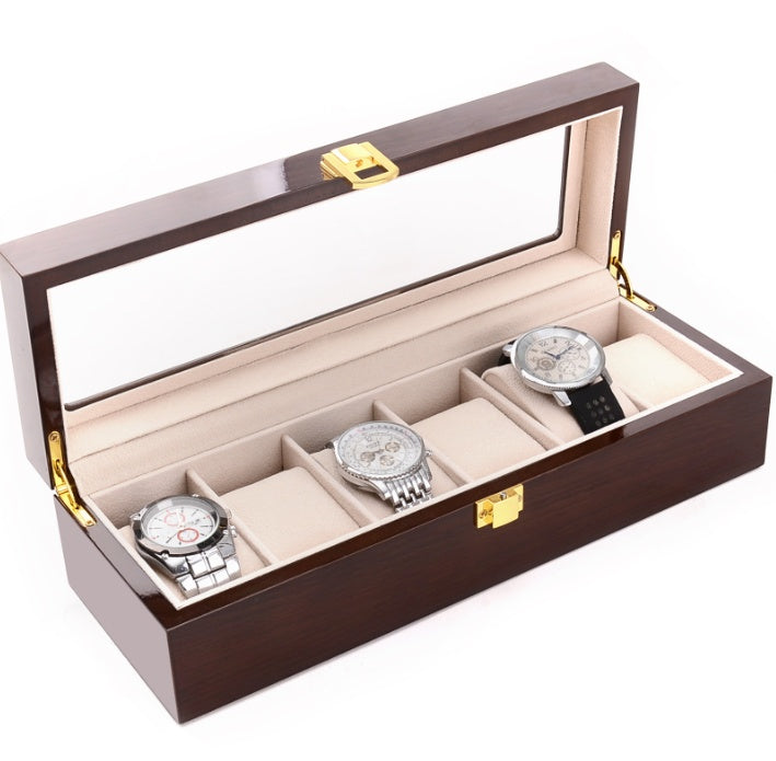 6 Slots Dark Brown Wood with Inner Beige Watch Box