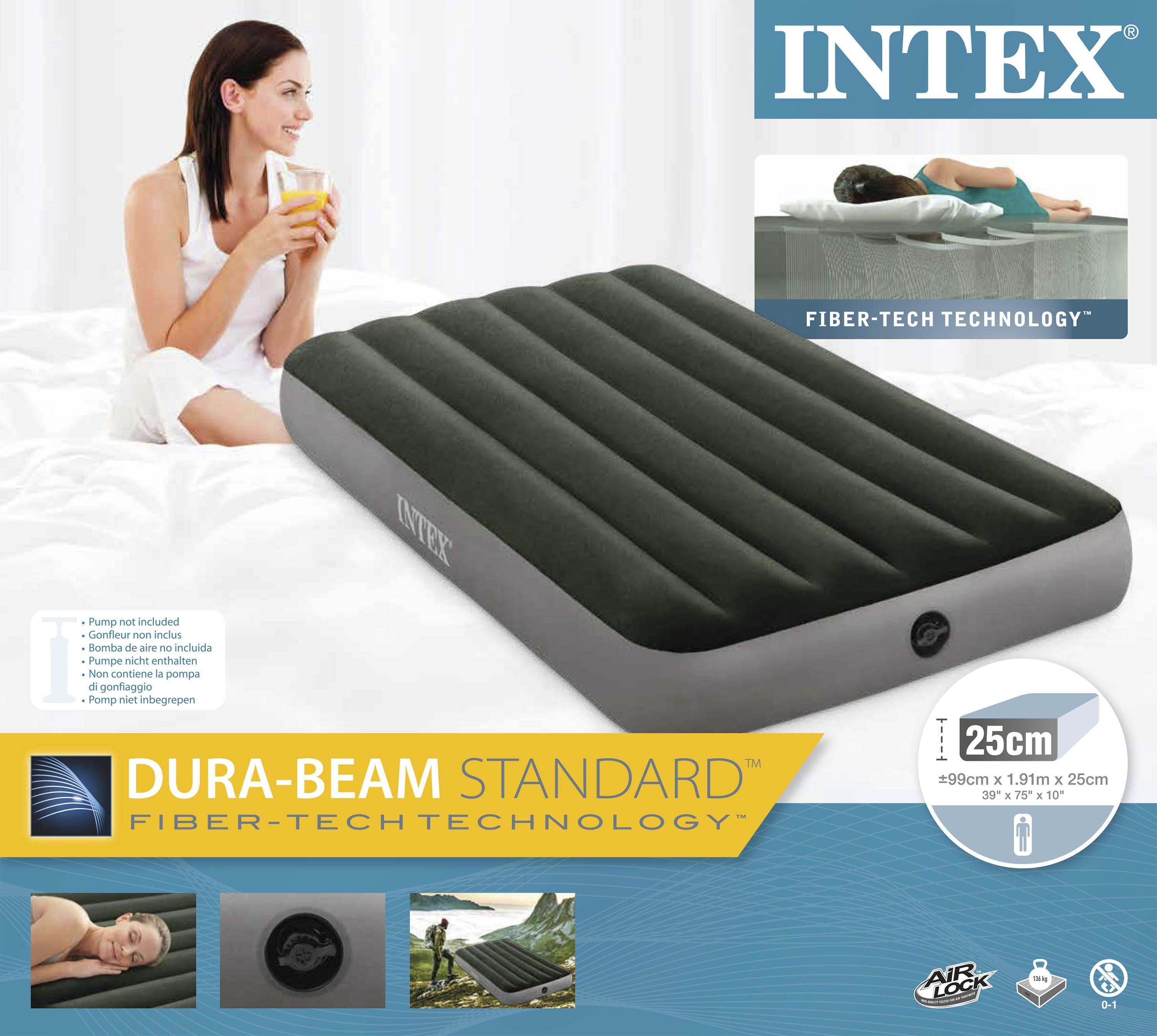 INTEX Fiber Tech Dura Beam Super Single Army Green Air Bed with Electric Pump